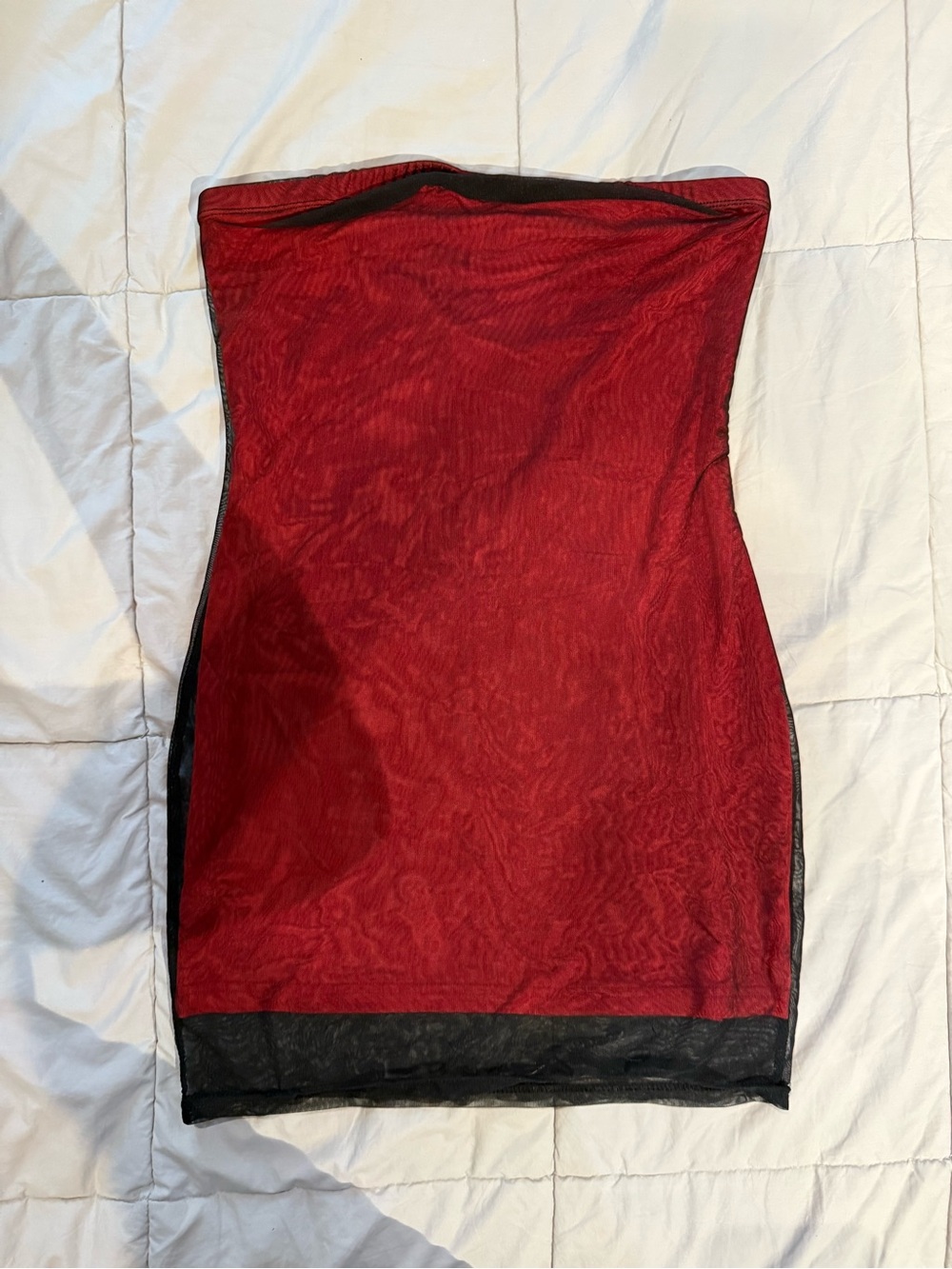 Strapless Red Mesh Bodycon Dress with Black Trim